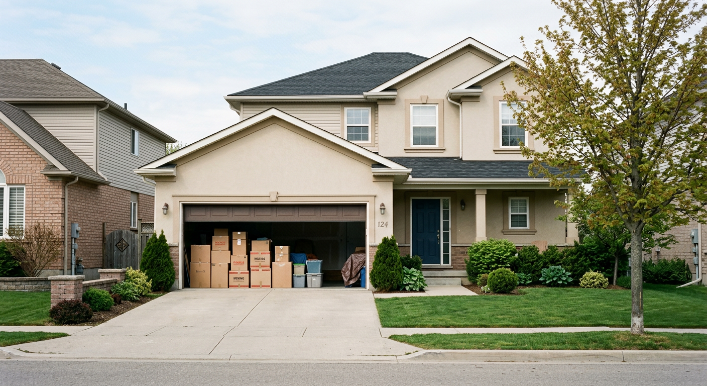 A suburban two-story house with moving boxes in the open garage